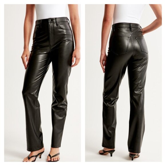 Abercrombie & Fitch 30 US 10 90s Straight High Rise Black Vegan Leather‎ Pants - Picture 5 of 9